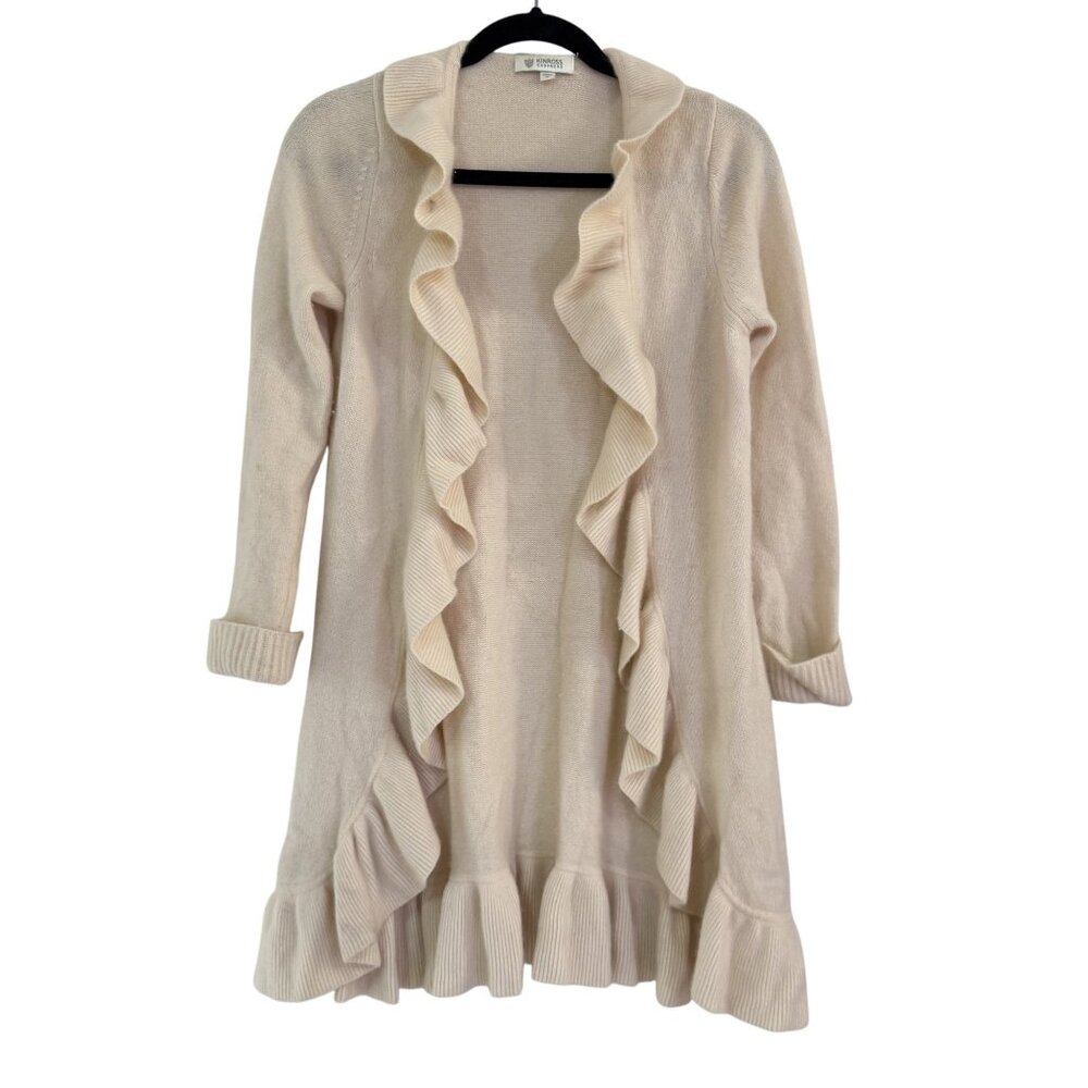 Kinross 100% Cashmere Ruffle Open Front Cardigan Sweater Coat – Cream Size S